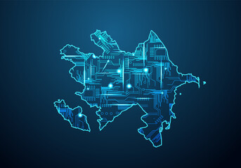 Abstract futuristic map of azerbaijan.Circuit Board Design Electric of the region. Technology background. mash line and point scales on dark with map.