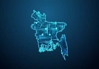 Abstract futuristic map of bangladesh.Circuit Board Design Electric of the region. Technology background. mash line and point scales on dark with map.