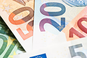 100, 50, 20, 10, 5 euro banknotes, close up
