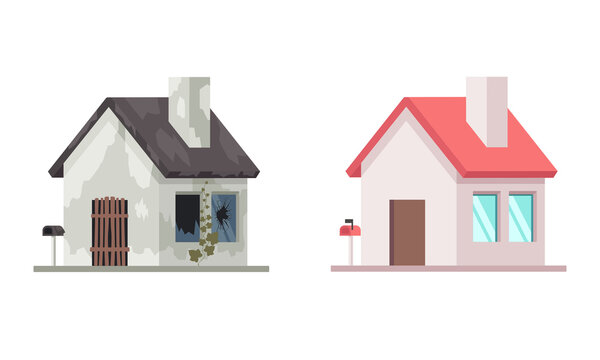 House "before" and "after" repair. flat vector illustration isolated on white background - Vector
