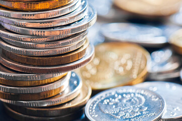 Money. Stack of russian roubles coins, close up
