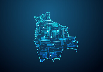 Abstract futuristic map of bolivia.Circuit Board Design Electric of the region. Technology background. mash line and point scales on dark with map.
