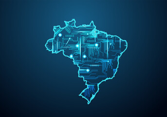Abstract futuristic map of brazil.Circuit Board Design Electric of the region. Technology background. mash line and point scales on dark with map.