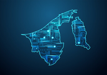 Abstract futuristic map of brunei Darussalam.Circuit Board Design Electric of the region. Technology background. mash line and point scales on dark with map.