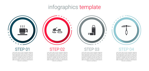 Set Hot chocolate cup, Snowmobile, Thermos container and Ice axe. Business infographic template. Vector
