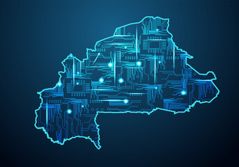 Abstract futuristic map of burkina Faso.Circuit Board Design Electric of the region. Technology background. mash line and point scales on dark with map.