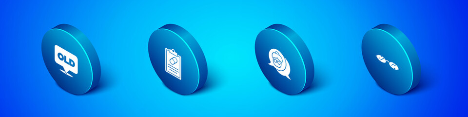 Set Isometric Nursing home, Grandmother, Eyeglasses and Medical prescription icon. Vector