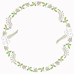 Fototapeta na wymiar A wreath of floral ornaments in yellow, green, red colors, painted with watercolors: leaves, berries, stems, isolated on a white background