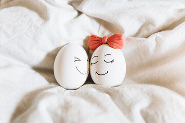 Easter eggs funny decoration idea. Happy cute family symbol