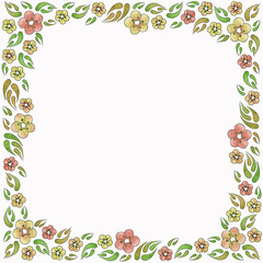 Frame from floral ornaments in yellow, green, red colors, painted with watercolors: leaves, flowers,  isolated on a white background