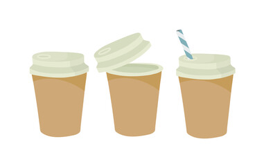 Paper cup with plastic lid and tube. Outline vector illustration on a white background. Tea, coffee.