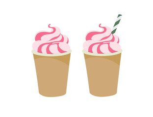 Paper cup. Strawberry topping. Ice cream, milkshake. Outline vector illustration on a white background.
