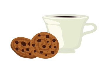 Ceramic mug. Сhocolate cookies. Tea, coffee. Outline vector illustration on a white background. 