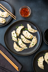 Gyoza Japanese dumplings with soy sauce. Asian cuisine. typical food Japanese Chinese Korean. delivery take away