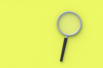 Optical magnifier on yellow background. Copy space. Top view. 3d render