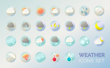 Weather icons set. Cartoon colorfull art vector illustrations. Sticky symbols of forecast. Meteorological infographics signs. Web icons vector design