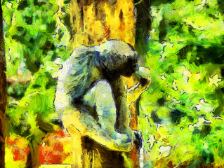 A monkey sitting on a log Illustrations creates an impressionist style of painting.