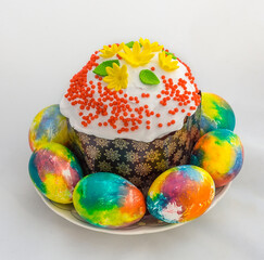 Beautiful Easter cake with eggs on a plate