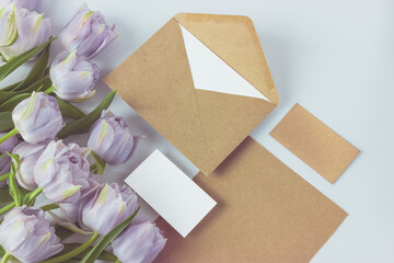 Set for brand presentation of flower shop or florist business. Blank business cards, craft envelope, corporate greeting A5 letterhead