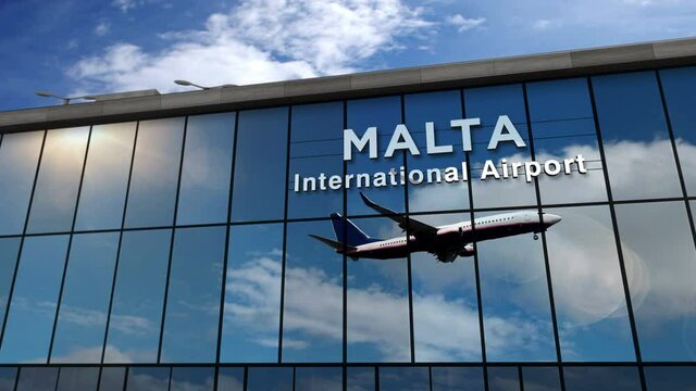 Jet aircraft landing at Malta 3D rendering animation. Arrival in the city with the glass airport terminal and reflection of the plane. Travel, business, tourism and transport concept.