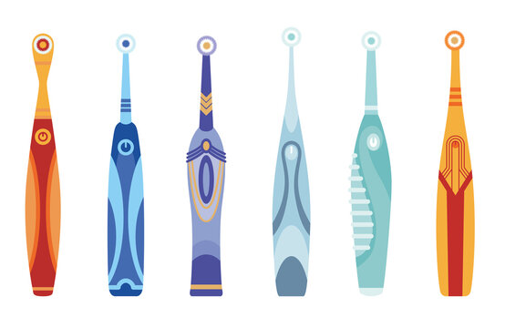 Collection of toothbrushes dental symbols. Mouth cleaning tools. Isolated icons for web. Oral care and hygiene, healthcare concept. Vector illustration of electric toothbrushes on white background
