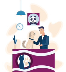 Veterinary clinic reception advertisement. Promo of domestic animals healthcare service. Animal hospital visitors