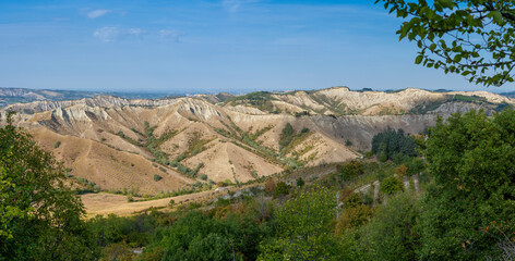 Panoramic view of Parco regionale della vena del gesso romagnola. Brisighella, Borgo Rivola, Borgo Tossignano. Emilia Romagna, Italy, Europe.