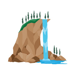 Cartoon river waterfall. Landscape with mountains and trees. Design element for travel brochure or illustration mobile game. Fresh natural water