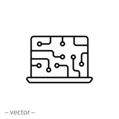 computer communication icon, technology information, chip or processor pc, tech software, circuit microchip, thin line symbol on white background - editable stroke vector eps10