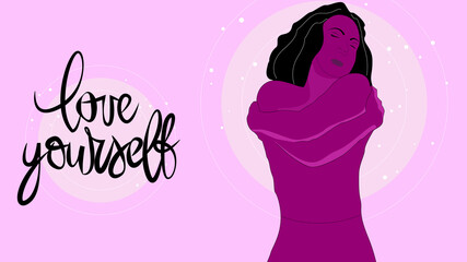 Hispanic woman hugs herself with a relaxation while psychological and physical health. Vector flat illustration.