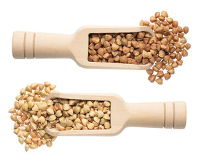 wooden scoops with buckwheat isolated on white. Diet green buckwheat in one of the scoops.
