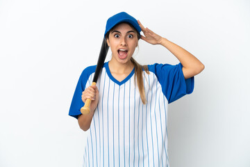 Young caucasian woman playing baseball isolated on white background with surprise expression
