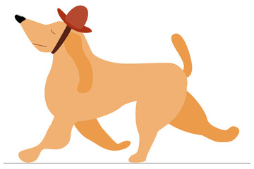 The dog runs in a fashionable hat with eyes closed. An arrogant dog raised his nose. Pet for fashionable exhibition. Vector, isolated on white, style flat.