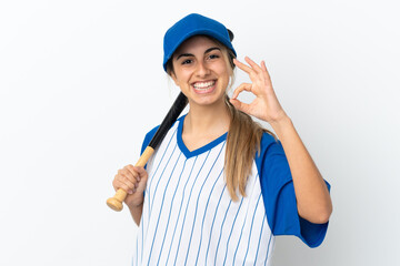 Young caucasian woman isolated on white background playing baseball and showing ok sign with fingers