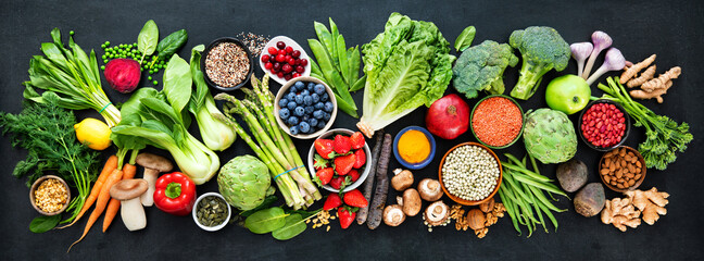 Healthy food selection with fruits, vegetables, seeds, superfood and cereals
