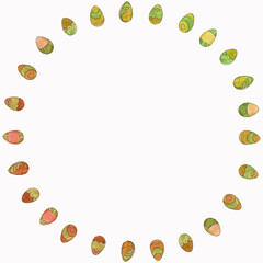 A wreath from the watercolor set of Easter eggs in red, yellow, green colors isolated on a white background
