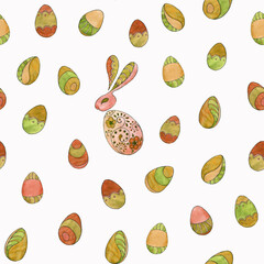 Seamless pattern from the watercolor set of eggs and Easter bunny in red, yellow, green colors isolated on white background