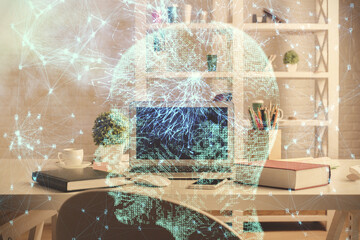 Double exposure of brain drawing and office interior background. Concept of data technology.