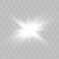 White glowing light explodes on a transparent background. Sparkling magical dust particles. Bright Star. Transparent shining sun, bright flash. Vector sparkles. To center a bright flash