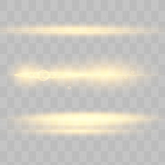 Yellow horizontal lens flares pack. Laser beams, horizontal light rays.Beautiful light flares.