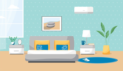 Vector illustration of a bedroom. The interior is painted in flat style. Cozy room with a comfortable bed, modern bedside tables