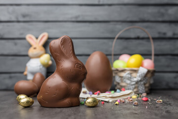 Delicious Easter chocolate bunny, eggs and sweets