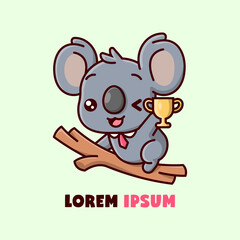 CUTE KOALA ON A TWIG WEARING RED TIE AND HOLDING A GOLDEN TROPHY CARTOON ILLUSTRATION.