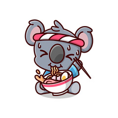 CUTE KOALA WEARING JAPANESE OUTFIT AND FEELING HOT WHILE EATING RAMEN NOODLE. CARTOON MASCOT.