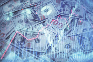 Double exposure of forex graph drawing over us dollars bill background. Concept of financial markets.