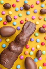 Delicious Easter chocolate bunny, eggs and sweets