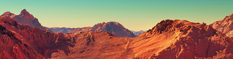 Fototapeta na wymiar Mars landscape panorama, 3d render of imaginary mars planet terrain, orange desert with mountains, realistic science fiction illustration.