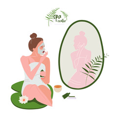 The young lady cares for herself, applying the face masc to her face looking in the mirror relaxing, and enjoying her time. Spa center service vector illustrations Beauty salon visitors character. 