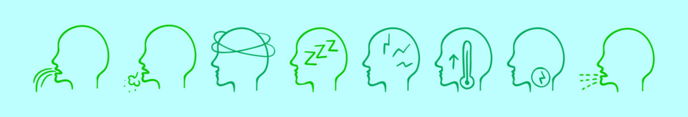 set of headache cartoon icon design template with various models. vector illustration isolated on blue background