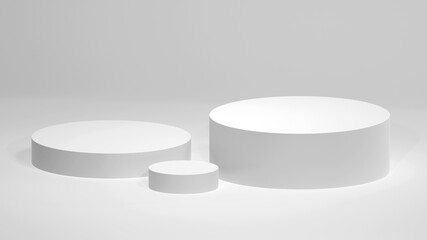 Empty podium or pedestal display scene on white background with cylinder stand concept. Blank minimal product shelf standing backdrop. Stage platform showcase, product, sale, banner, cosmetic. 3D rend